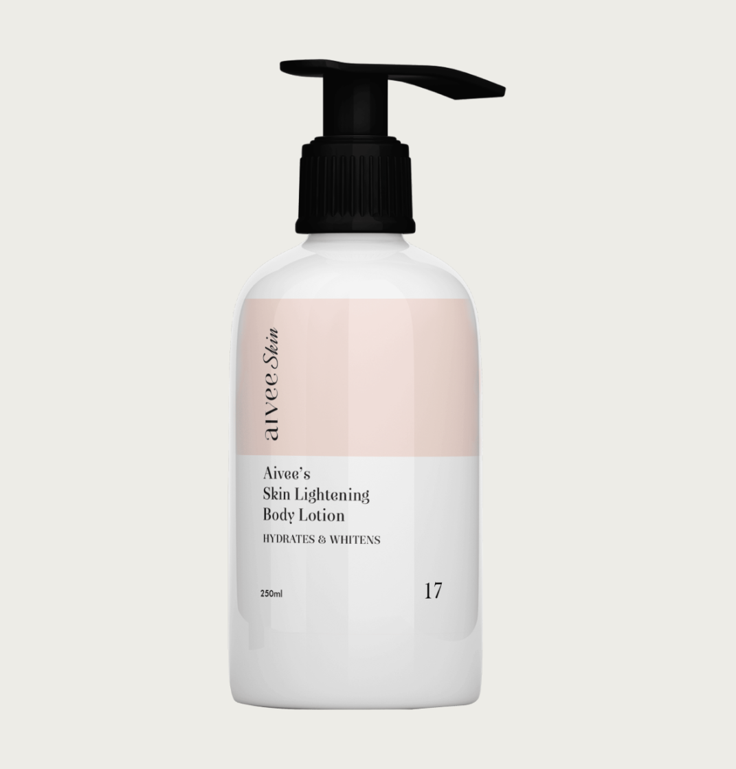 The Lightening Body Lotion bottle filling the frame on its cream backdrop