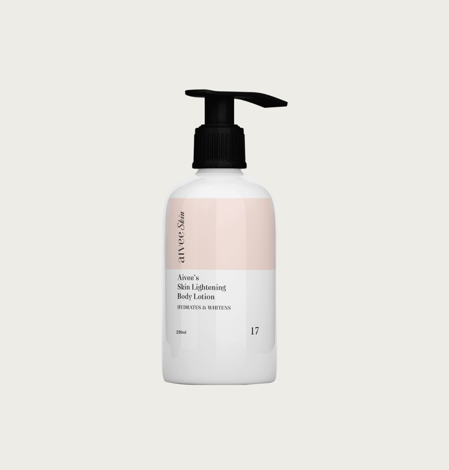 Aivee Skin Lightening Body Lotion pump bottle on a soft cream backdrop