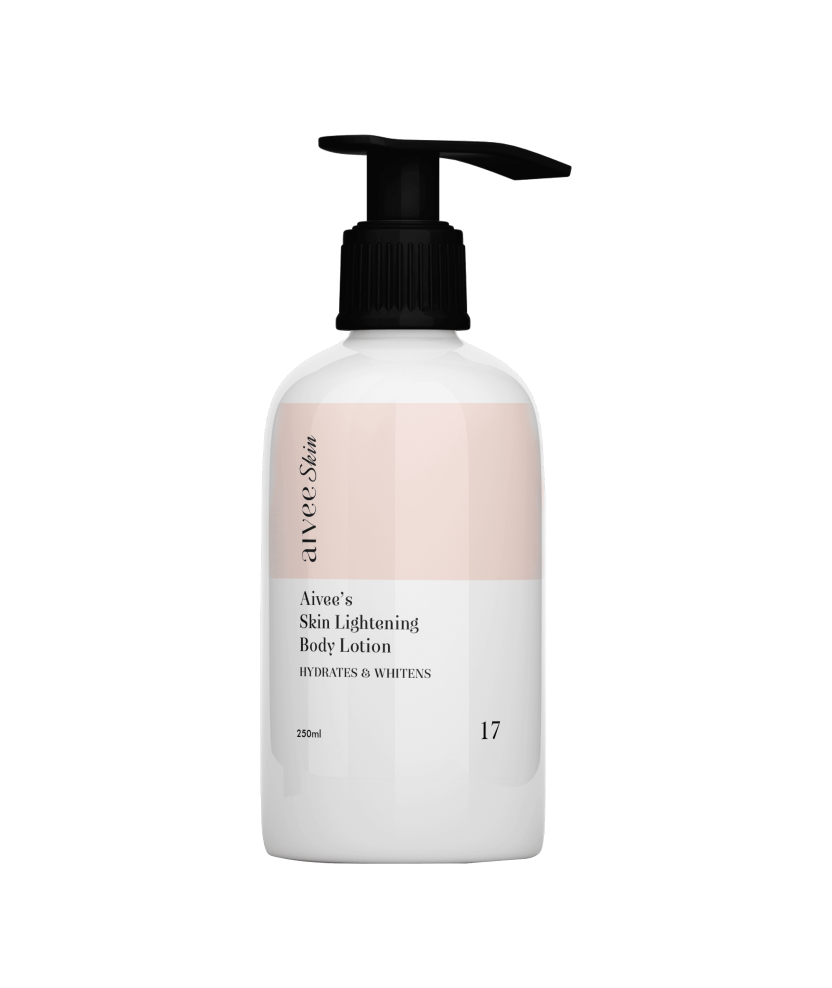 Aivee Skin Lightening Body Lotion pump bottle against a soft cream backdrop